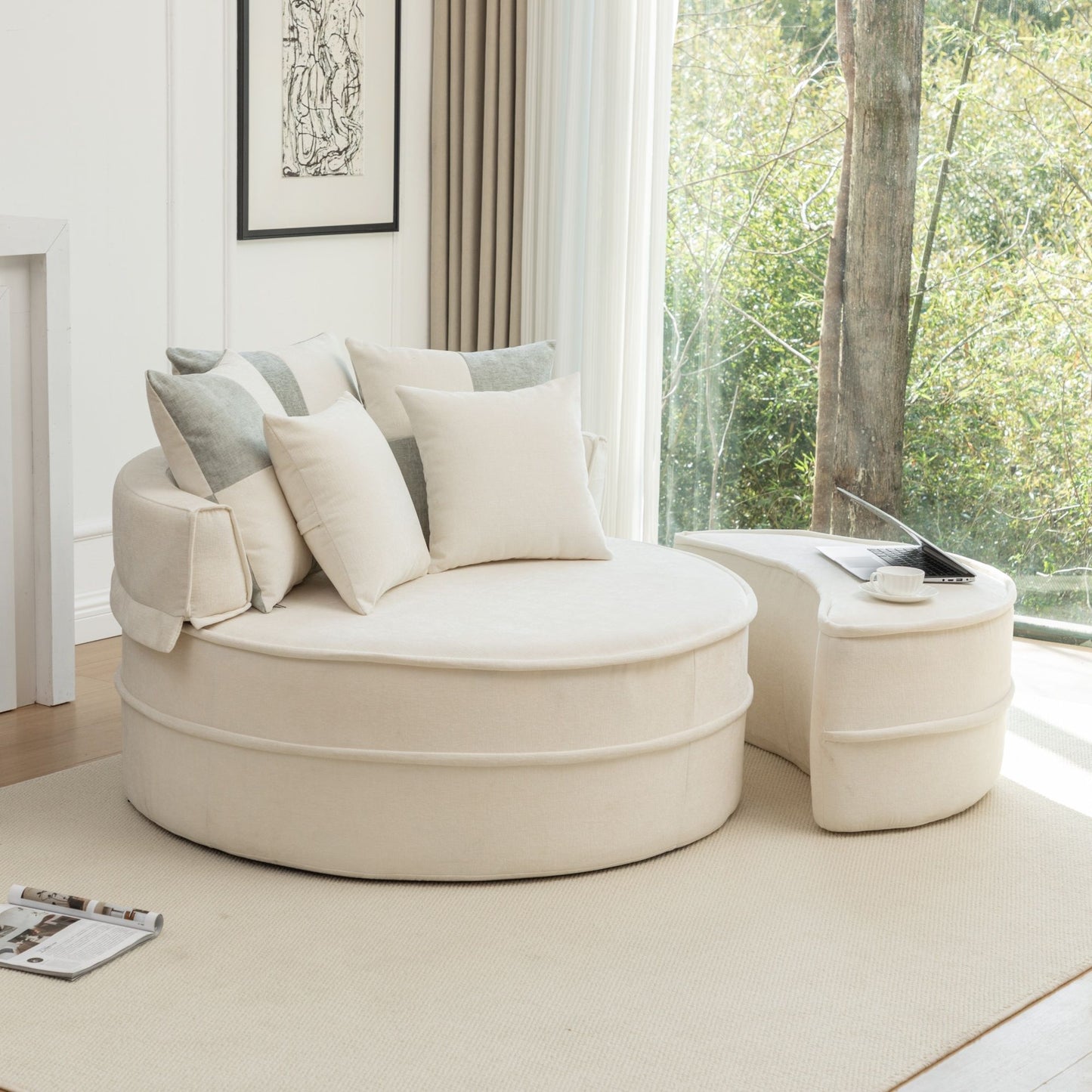 Modern Oversized Round Barrel Accent Chair With Ottoman Velvet Upholstered Lounge Armchair With 5 Pillows For Living Room Or Bedroom - Beige