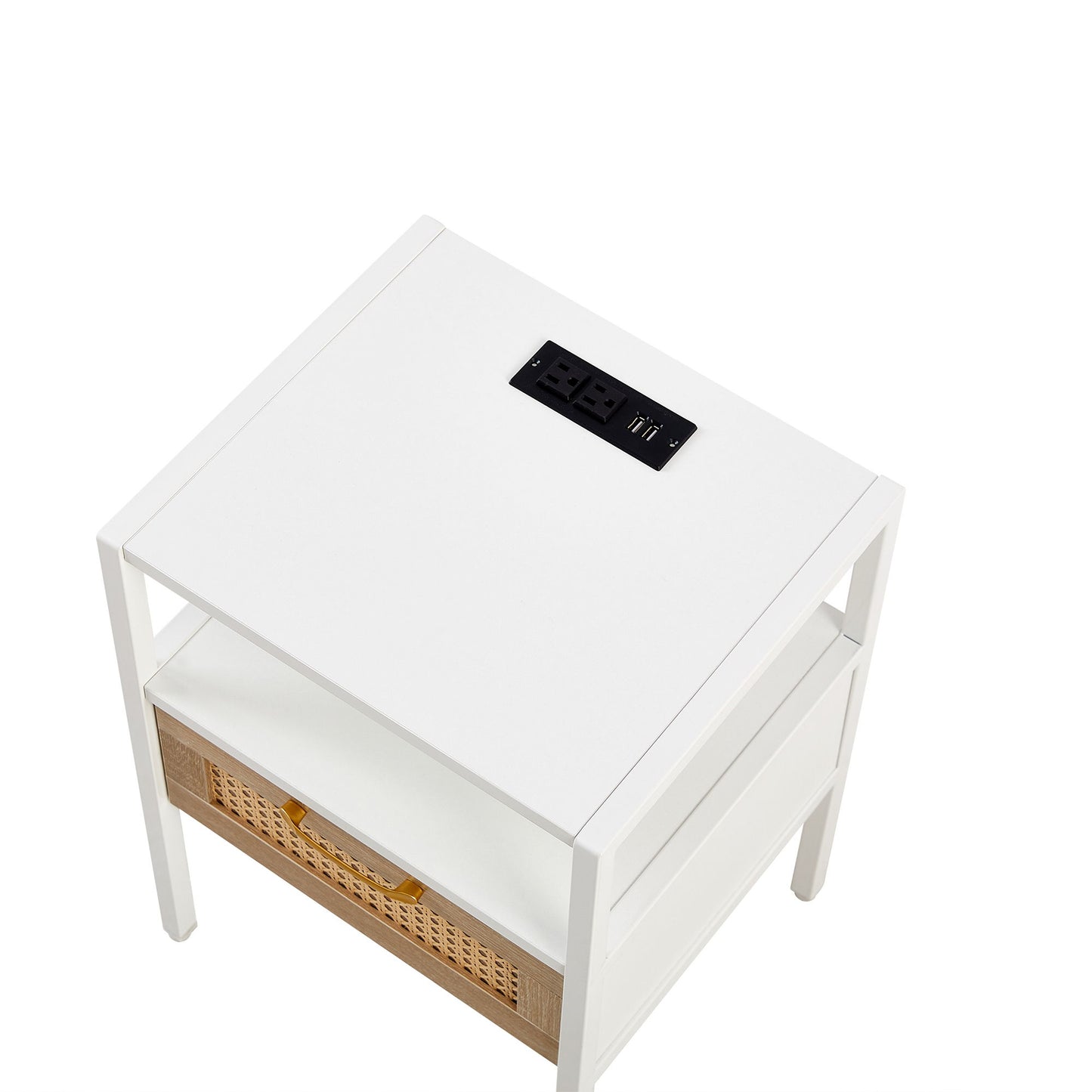 Rattan End Table With Power Outlet & USB Ports, Modern Nightstand With Drawer And Metal Legs, Side Table For Living Room, Bedroom (Set of 2) - White