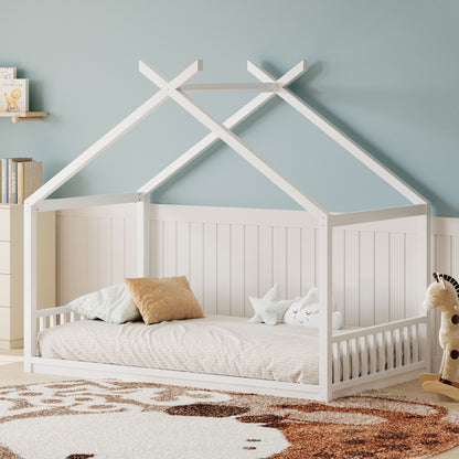 Full Size Montessori Style House Bed For Kids, Floor Bed Frame With Headboard And Footboard, Fence Bed For Girls, Boys, Slat Not Included - White