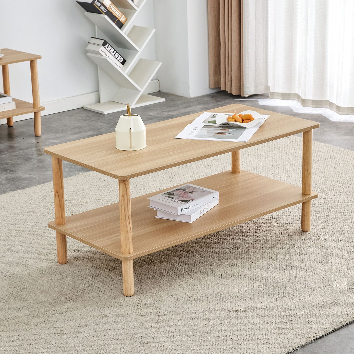 Modern 2 Tier Coffee Table For Living Room Furniture, Rectangular Center Table With Open Storage Shelf, Rounded Rubberwood Legs - Burly Wood