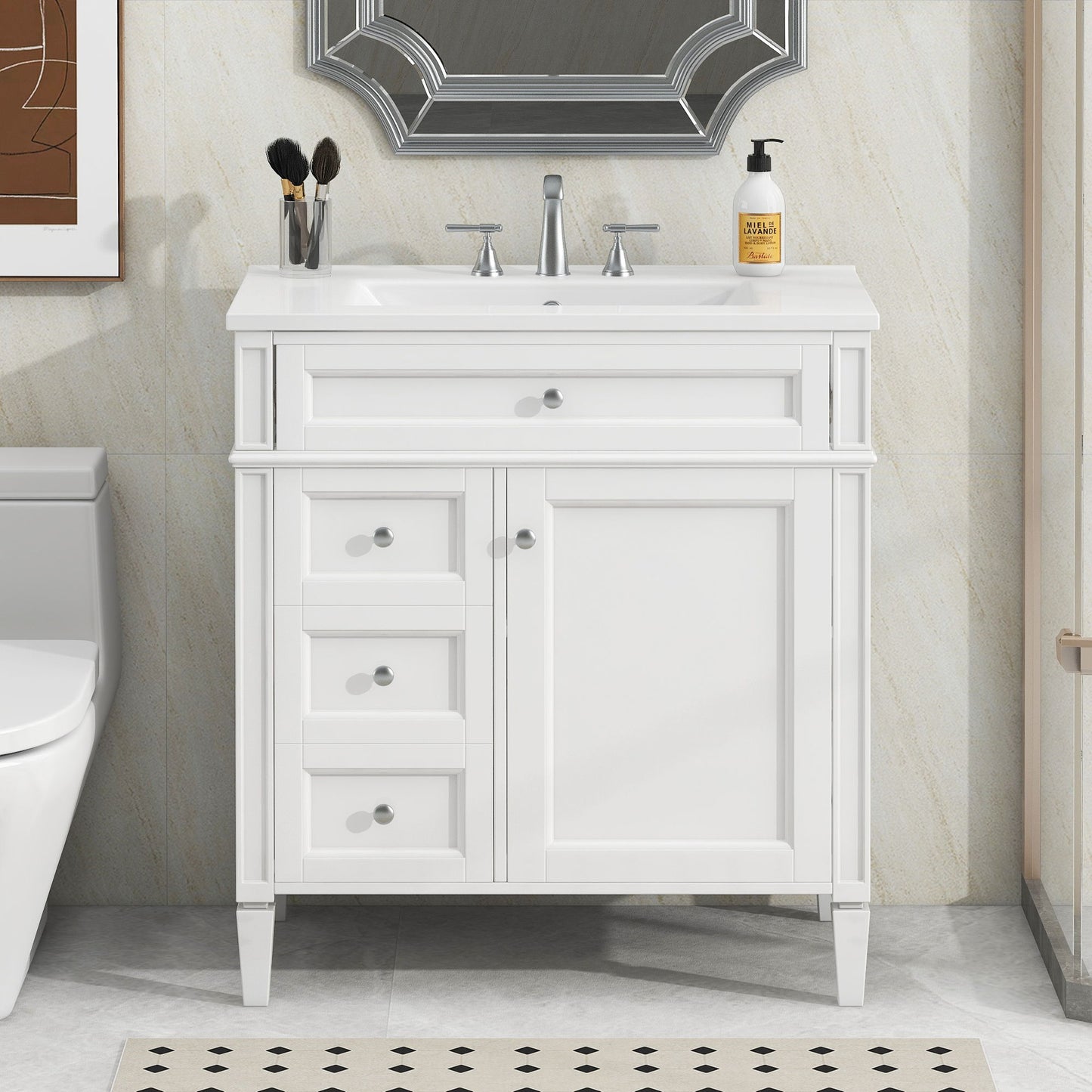 Bathroom Vanity & Top Sink, Modern Bathroom Storage Cabinet, 2 Drawers And A Tip-Out Drawer, Single Sink Bathroom Vanity - White