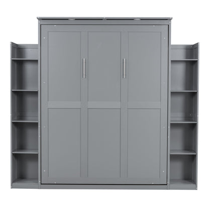 Queen Size Murphy Wall Bed With Shelves And LED Lights - Gray