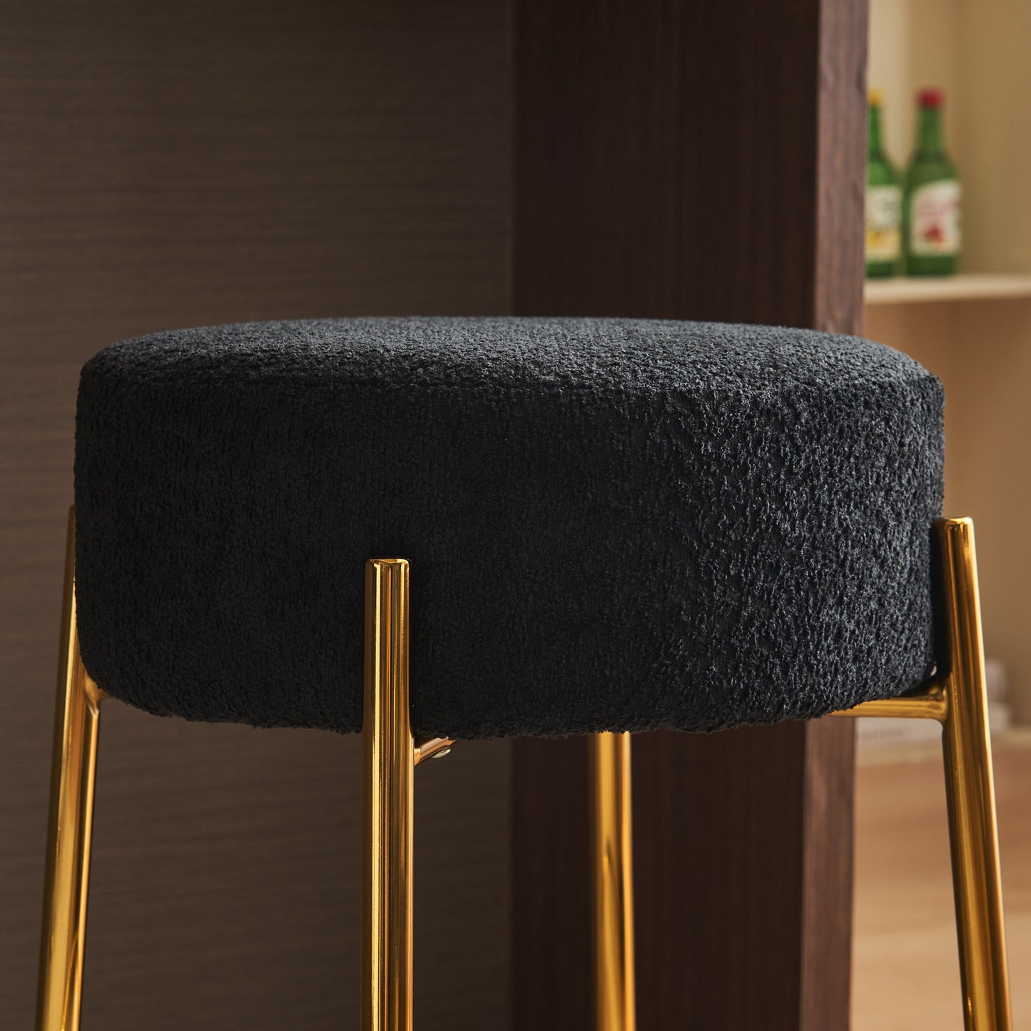 Round Bar Stools (Set of 2), Contemporary Upholstered Dining Stools For Kitchens, Coffee Shops And Bar Stores - Black / Gold