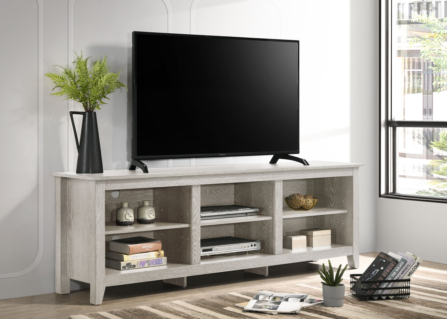 Benito - Wide TV Stand With Open Shelves And Cable Management - Dusty Gray