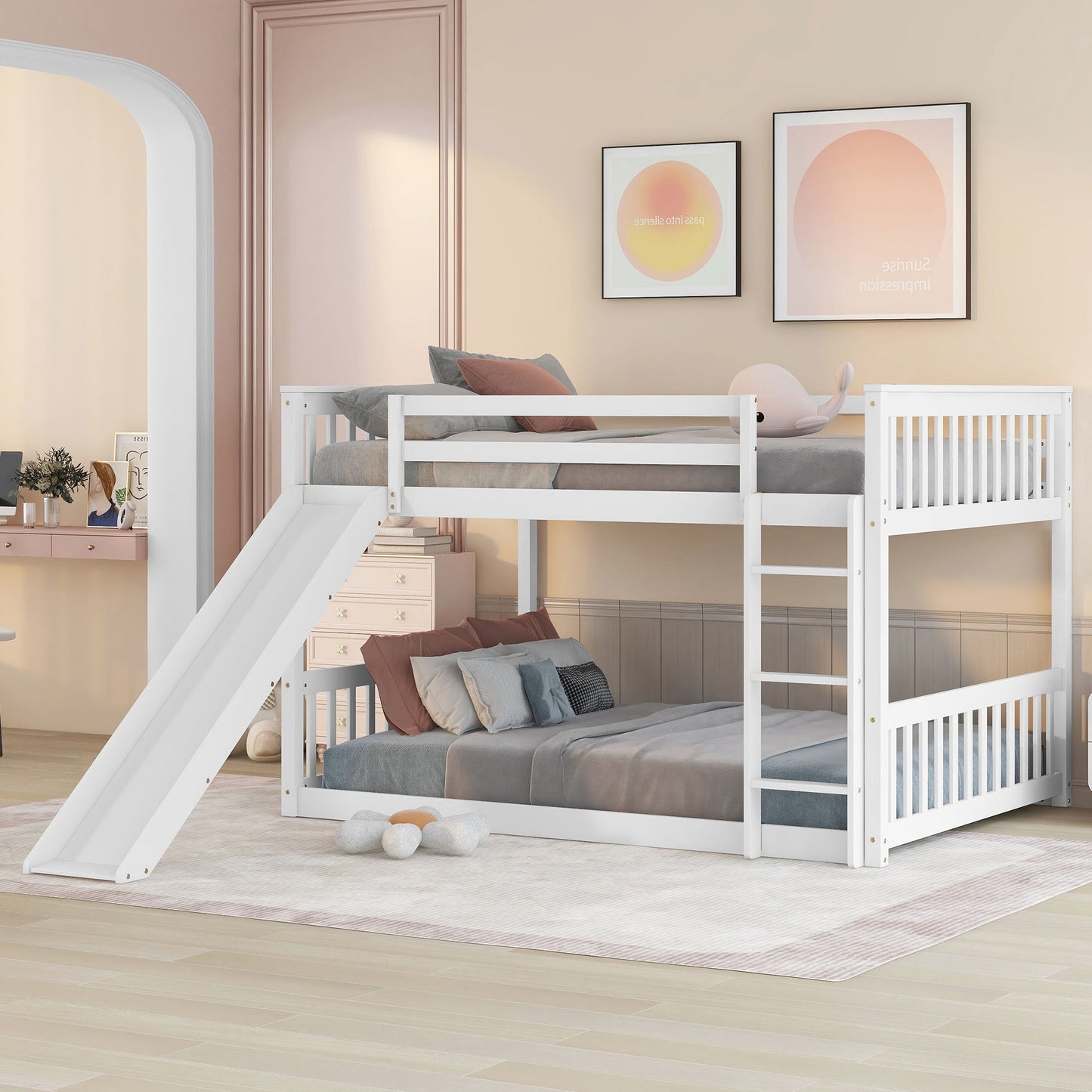 Full Over Full Bunk Bed With Slide And Ladder - White