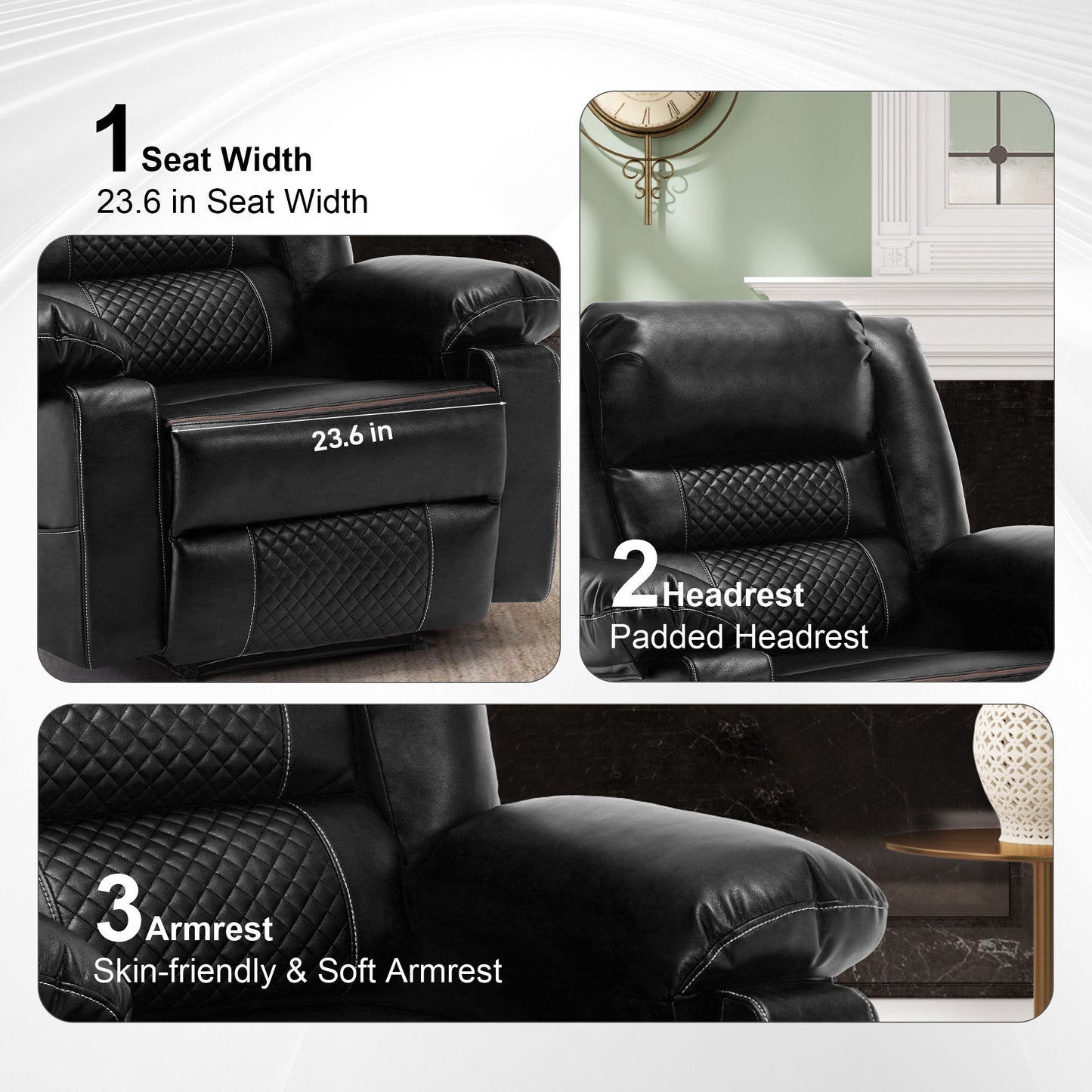 Breathable Leather Massage Recliner Chair Manual Living Room Reclining Sofa - Black
