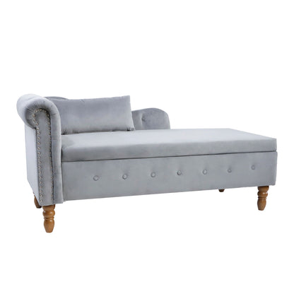 Chaise Lounge Indoor, Velvet Lounge Chair For Bedroom With Storage & Pillow, Modern Upholstered Rolled Arm Chase Lounge For Sleeping With Nailhead Trim For Living Room Bedroom Office - Gray