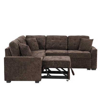 L-Shape Sofa Bed Pull-Out Sleeper Sofa With Wheels, USB Ports, Power Sockets For Living Room - Brown