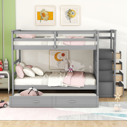 Full Over Full Bunk Bed With Twin Size Trundle And Staircase - Gray