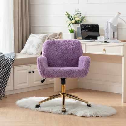 Office Chair, Artificial Rabbit Hair Home Office Chair With Golden Metal Base, Adjustable Desk Chair Swivel Office Chair, Vanity Chair - Violet