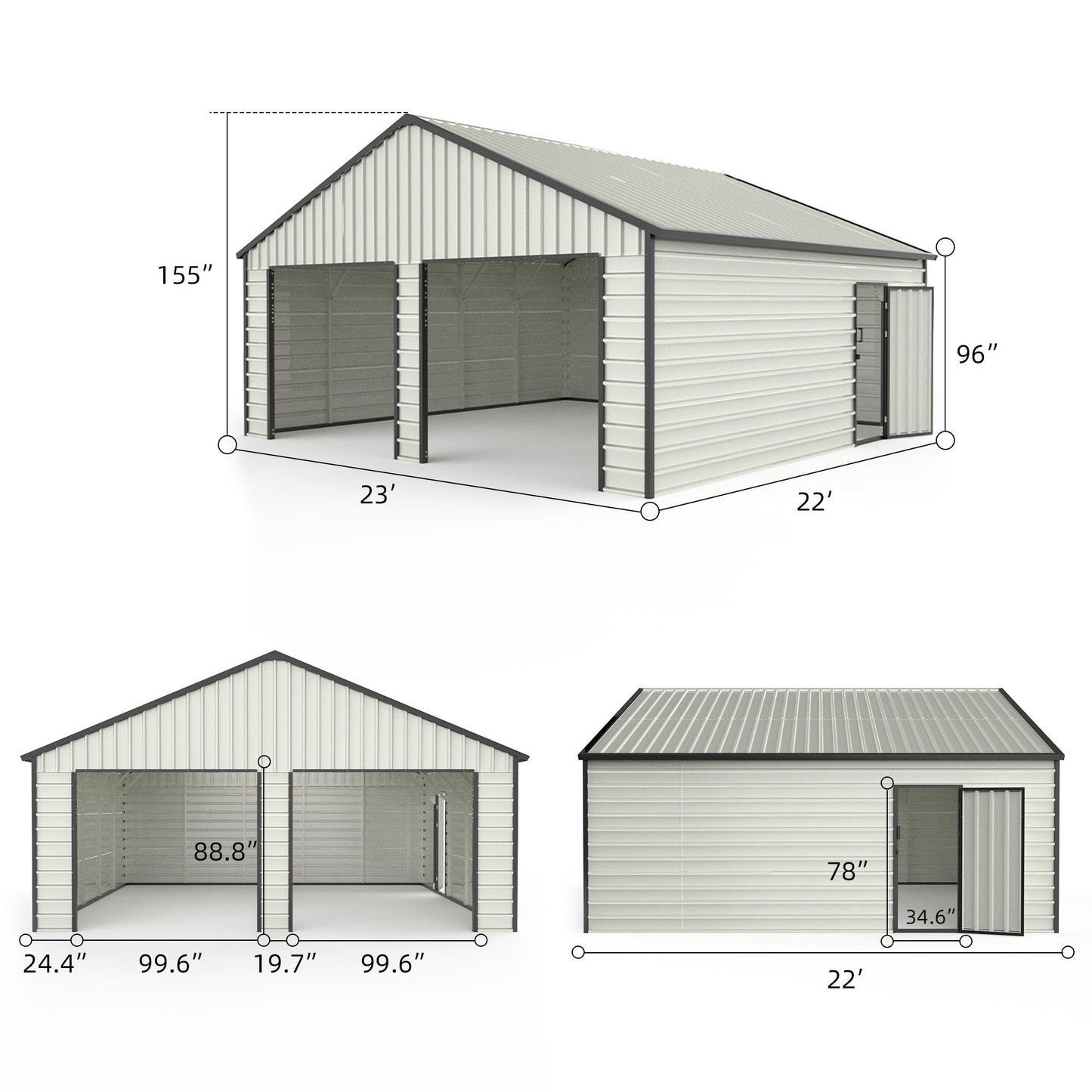Double Garage Metal Shed With Side Entry Door, Can Storage Power Tools, Motorized Machinery, Farm Equipment, Pick Up Truck - Cream