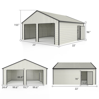 Double Garage Metal Shed With Side Entry Door, Can Storage Power Tools, Motorized Machinery, Farm Equipment, Pick Up Truck - Cream