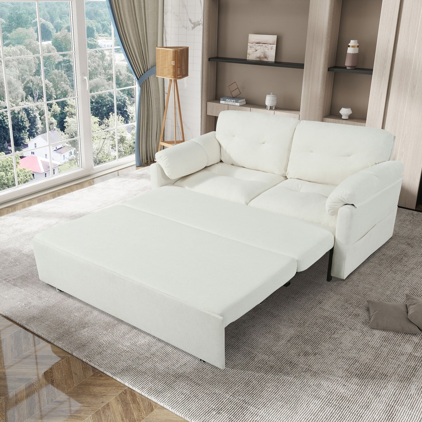 Modern Convertible Sleeper Sofa Bed With Pull Out Queen Design, Side Storage & Thick Cushions Chenille Loveseat For Living Room Or Bedroom 3 In 1 Function - Beige