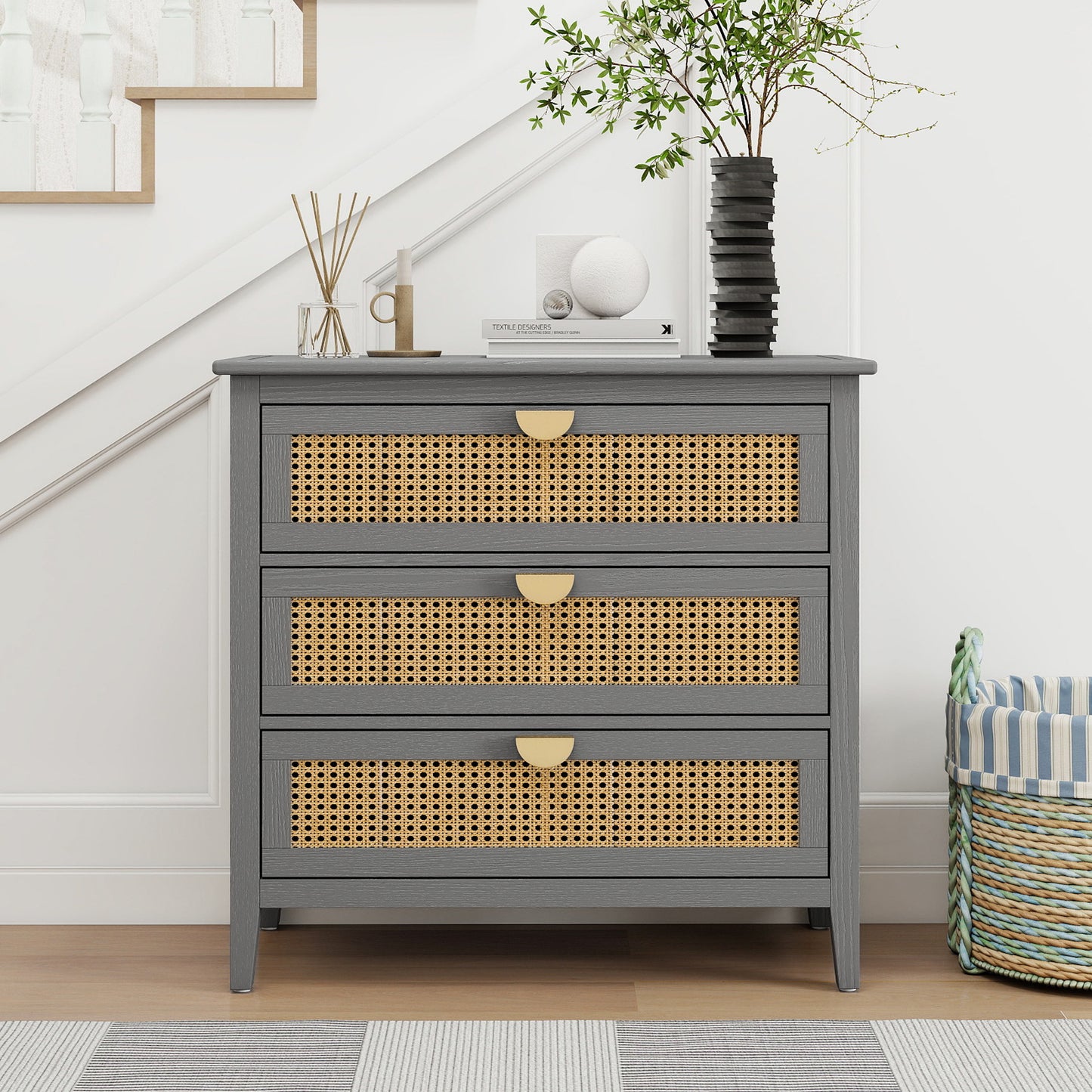 3 Drawer Cabinet Natural Rattan Suitable For Bedroom - Gray