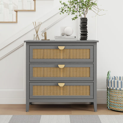 3 Drawer Cabinet Natural Rattan Suitable For Bedroom - Gray