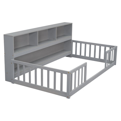 Twin Floor Bed With Bedside Bookcase, Shelves, Guardrails - Gray