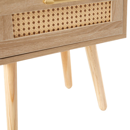 15.75" Rattan End Table With Power Outlet & USB Ports, Modern Nightstand With Drawer And Solid Wood Legs, Side Table For Living Room, Bedroom - Natural