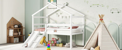 Twin Low Loft House Bed With Slide, Ladder, Safety Guardrails, House Roof Frame - White