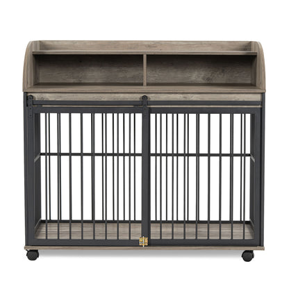 44'' Heavy Duty Large Dog Crate Furniture For Large Medium Dog With Lockable Wheels, Wooden Dog Crate Dog Kennel, End Table Crate With Double Layer Storage - Gray