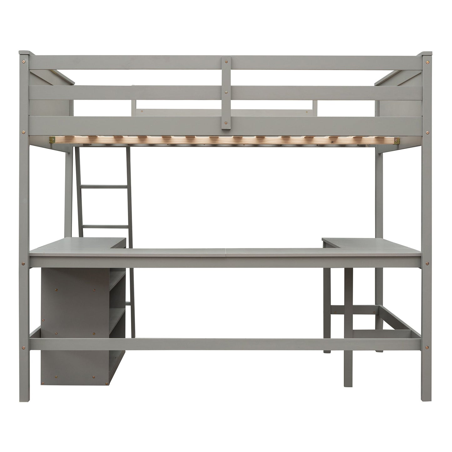 Full Size Loft Bed With Shelves With Desk - Gray