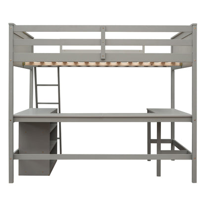Full Size Loft Bed With Shelves With Desk - Gray
