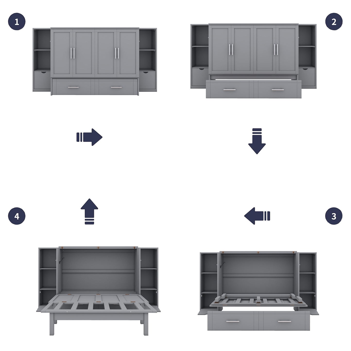 Full Size Murphy Bed With Shelves, Drawers And USB Ports - Gray