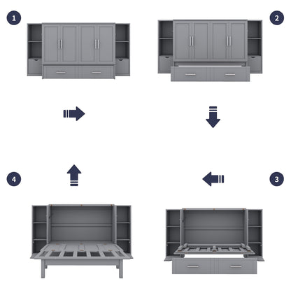 Full Size Murphy Bed With Shelves, Drawers And USB Ports - Gray