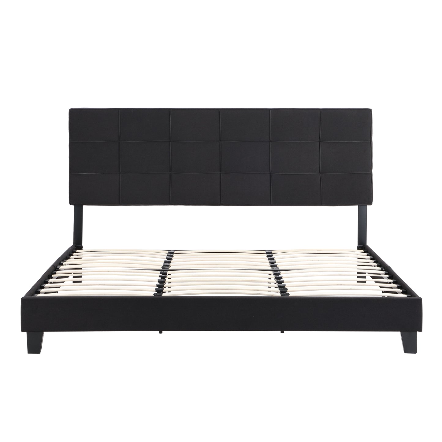King Size Upholstered Platform Bed Frame With Linen Fabric Headboard, No Box Spring Needed, Wood Slat Support - Black