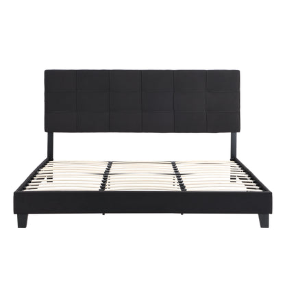 King Size Upholstered Platform Bed Frame With Linen Fabric Headboard, No Box Spring Needed, Wood Slat Support - Black