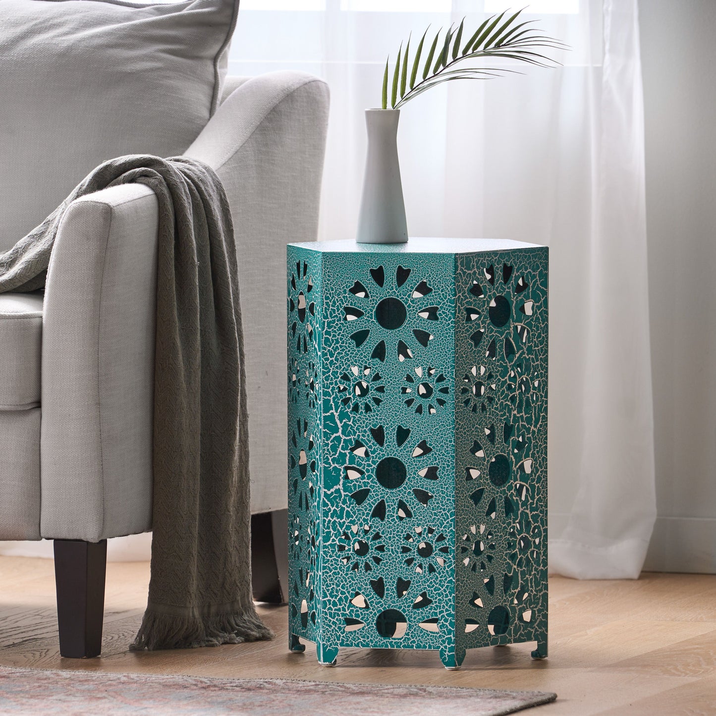 Galore - Side Table With Sunburst Cut Out Design - Teal