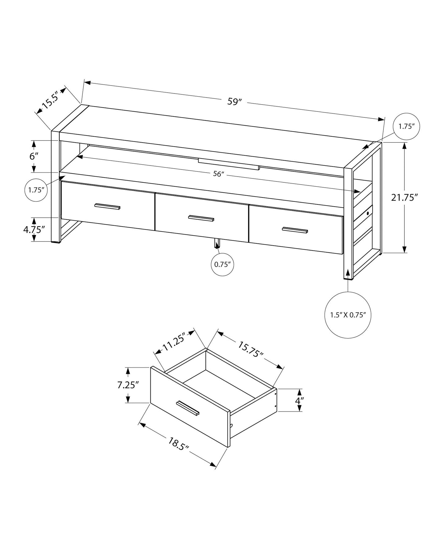 TV Stand, Console, Media Entertainment Center, Storage Drawers, Contemporary & Modern - Gray