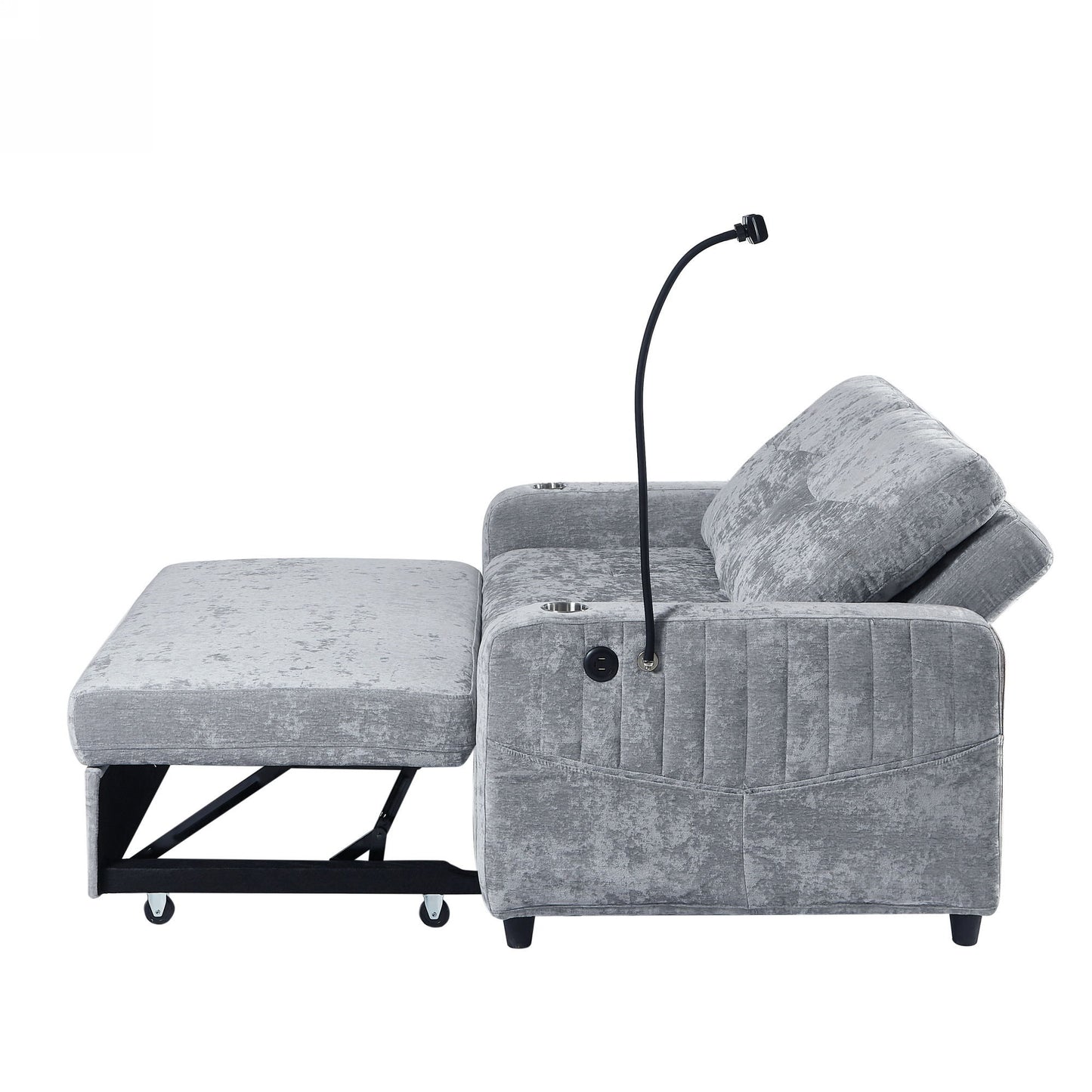 Modern Loveseat Pull Out Sofa Bed With Adjustable Backrest, Two Cup Holders, A Phone Holder, Three Charging Ports And Side Storage Pockets For Living Room - Gray