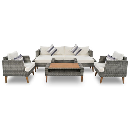 6 Pieces All Weather Sofa Set, Outdoor Rattan Sofa With Double Cushions, Wood Legs Wood Table Top - Beige / Gray