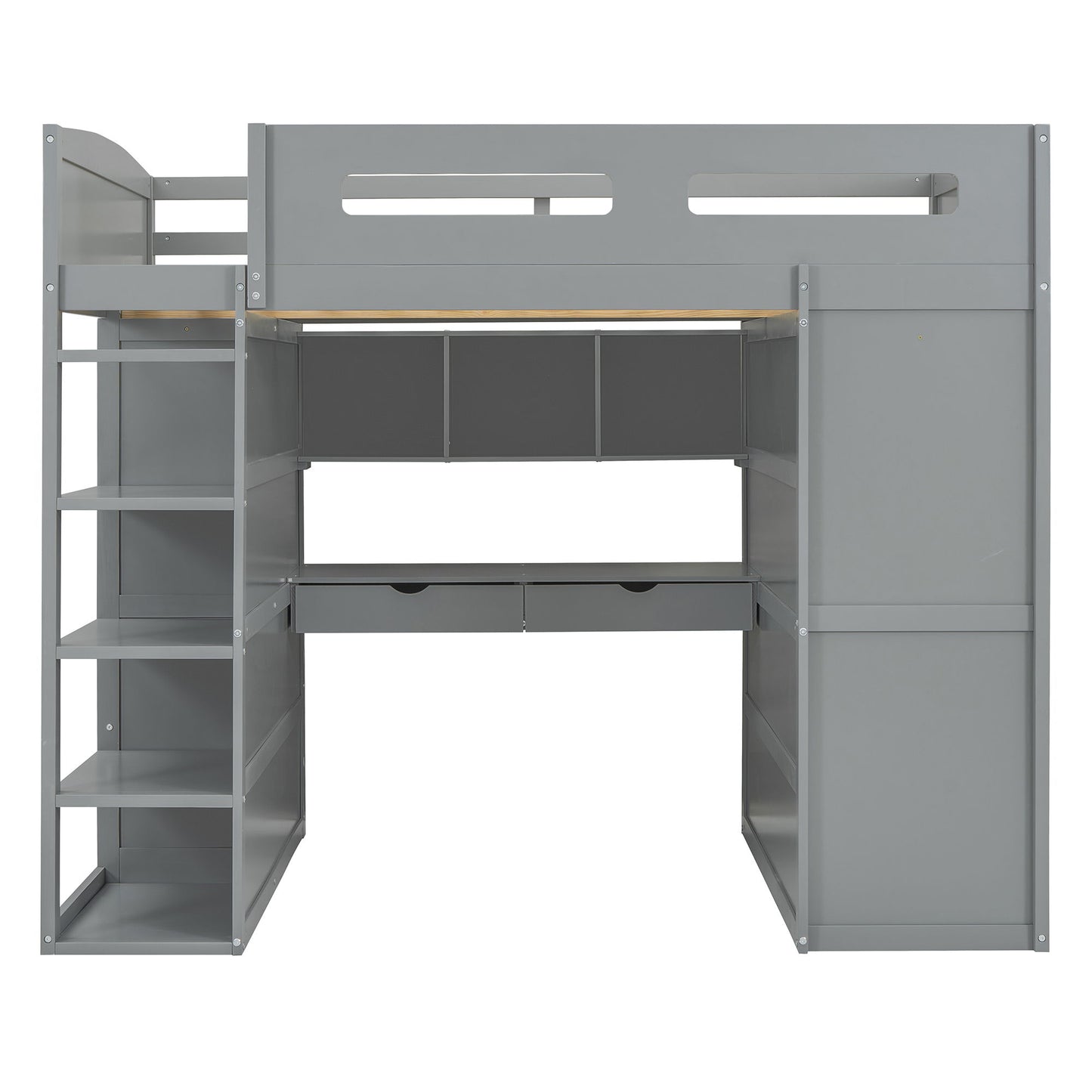 Full Size Loft Bed With Desk, Wardrobes, 4 Drawers And 4 Shelves - Gray