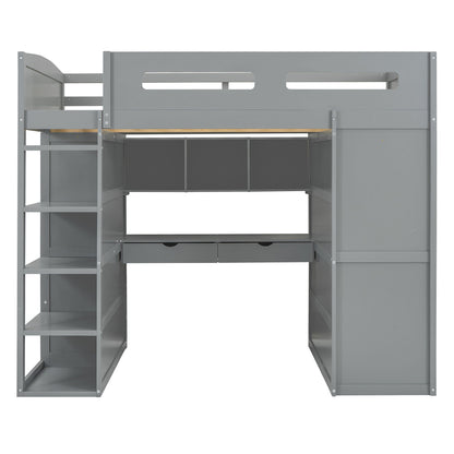 Full Size Loft Bed With Desk, Wardrobes, 4 Drawers And 4 Shelves - Gray