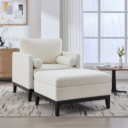 Farmhouse Upholstered Accent Chair With Ottoman, Wood Base, Reversible Lid Coffee Table For Living Room Or Office - Ivory