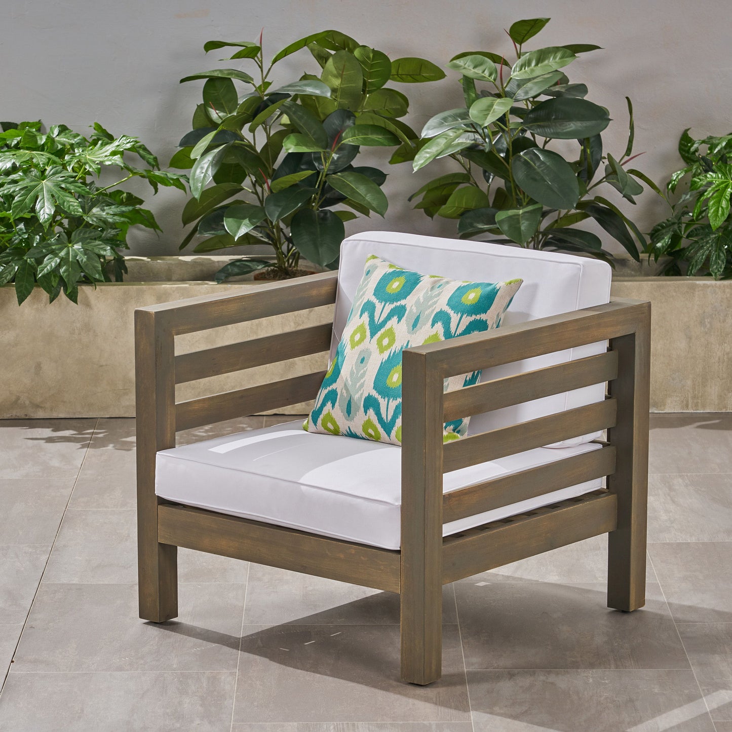 Outdoor Club Chair, Acacia Wood Patio Chair With Fabric Cushion For Backyard, Garden Or Porch - Gray / White
