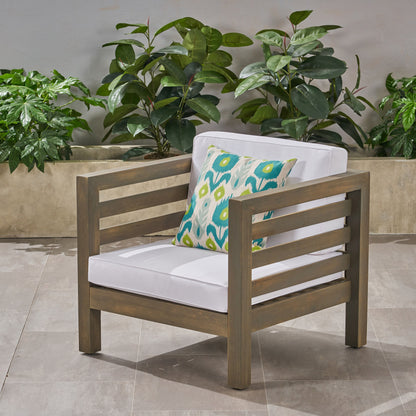 Outdoor Club Chair, Acacia Wood Patio Chair With Fabric Cushion For Backyard, Garden Or Porch - Gray / White