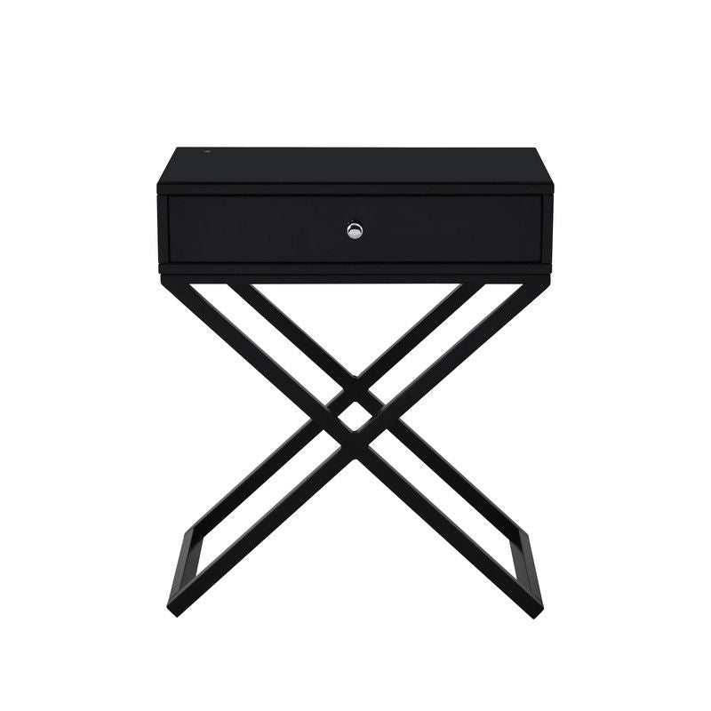 Koda - Wooden End Side Table Nightstand With Glass Top, Drawer And Metal Cross Base - Black
