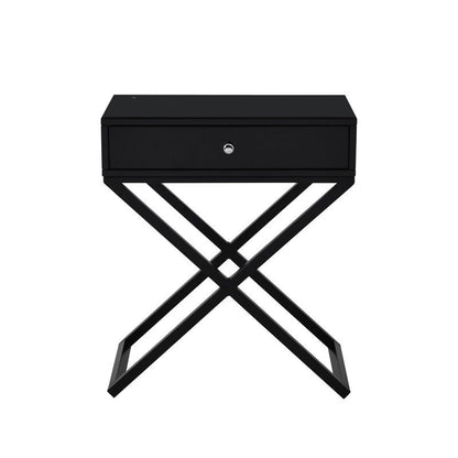 Koda - Wooden End Side Table Nightstand With Glass Top, Drawer And Metal Cross Base - Black