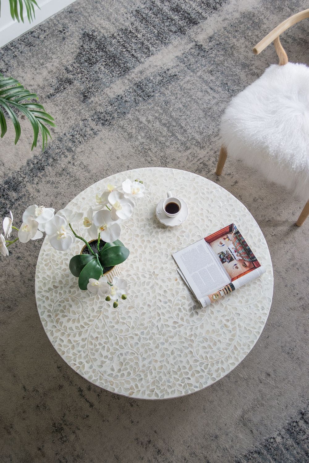 Unique Capiz Coffee Table With Pedestal Base - Multi