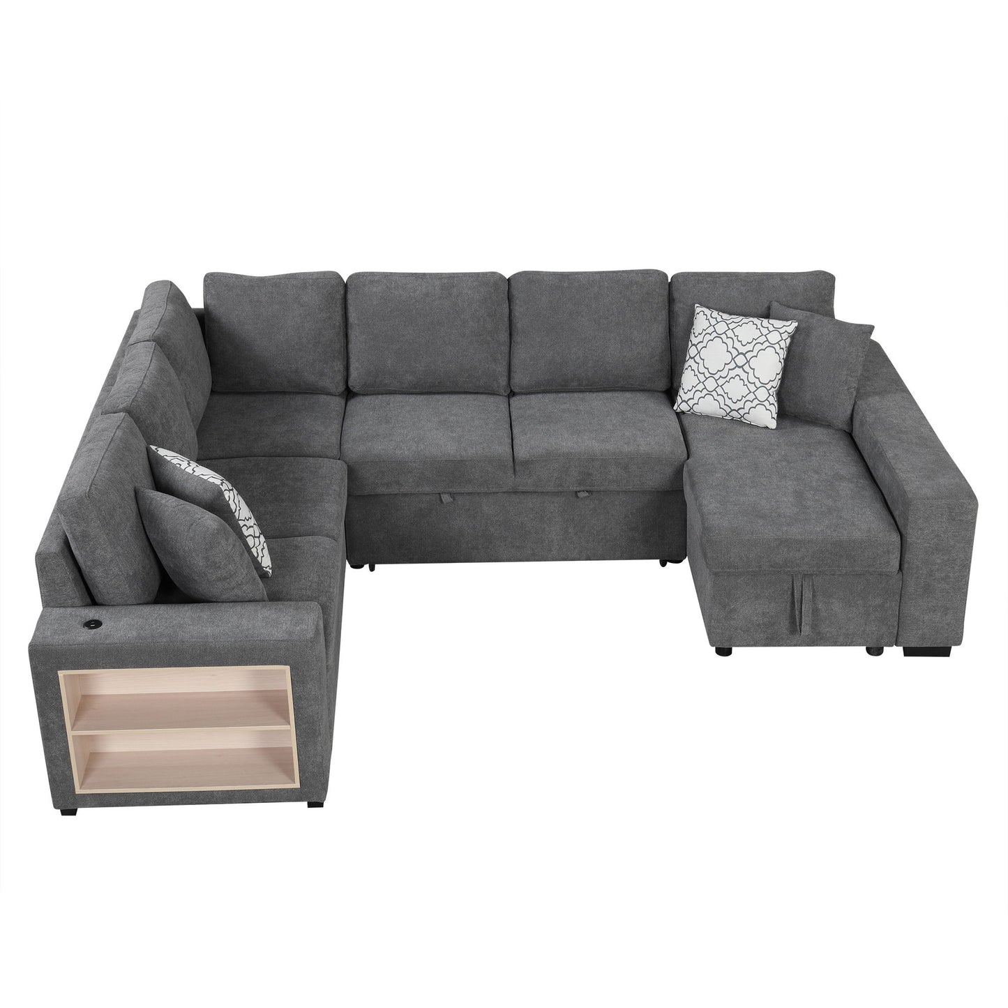 U-Shaped Sectional Sofa Pull-Out Sofa Bed With Two USB Ports, A Storage Chaise Lounge And Four Back Pillows For Living Room - Gray