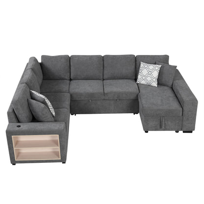 U-Shaped Sectional Sofa Pull-Out Sofa Bed With Two USB Ports, A Storage Chaise Lounge And Four Back Pillows For Living Room - Gray