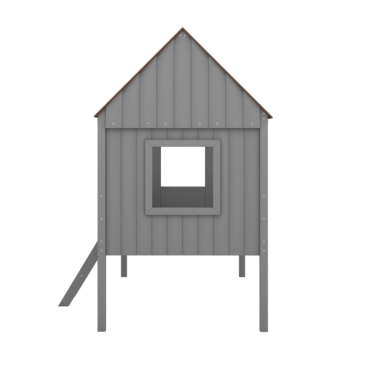 Twin Size Low Loft House Bed With Two Side Windows - Gray / Brown