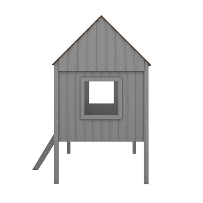 Twin Size Low Loft House Bed With Two Side Windows - Gray / Brown
