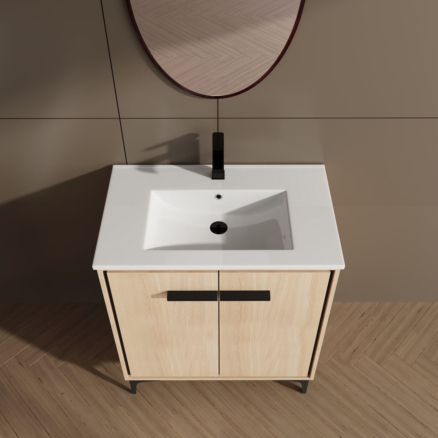 30" Bathroom Vanity Base With Basin And Storage Cabinet - Oak