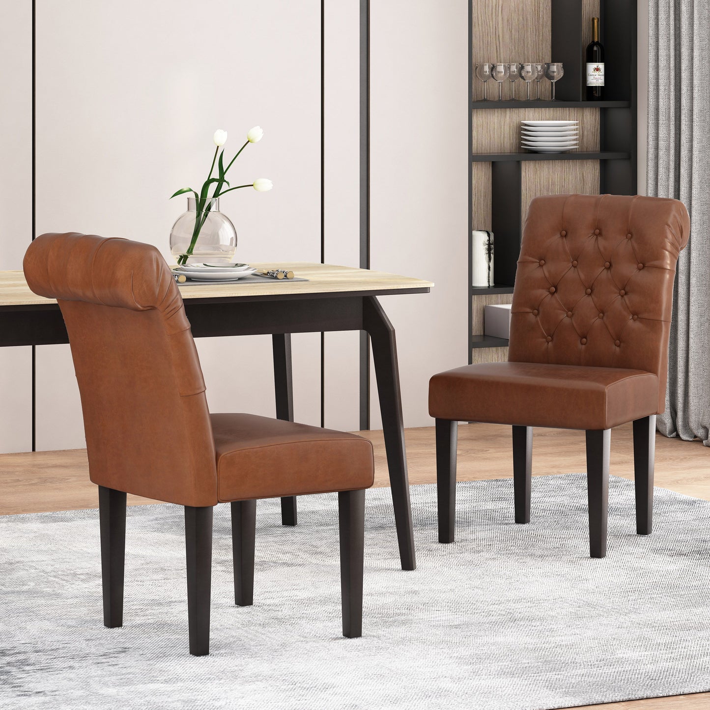 Broxton - Tuft Dining Rolltop Chair (Set of 2), Contemporary Design - Light Brown