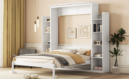 Queen Size Murphy Wall Bed With Shelves And LED Lights - White