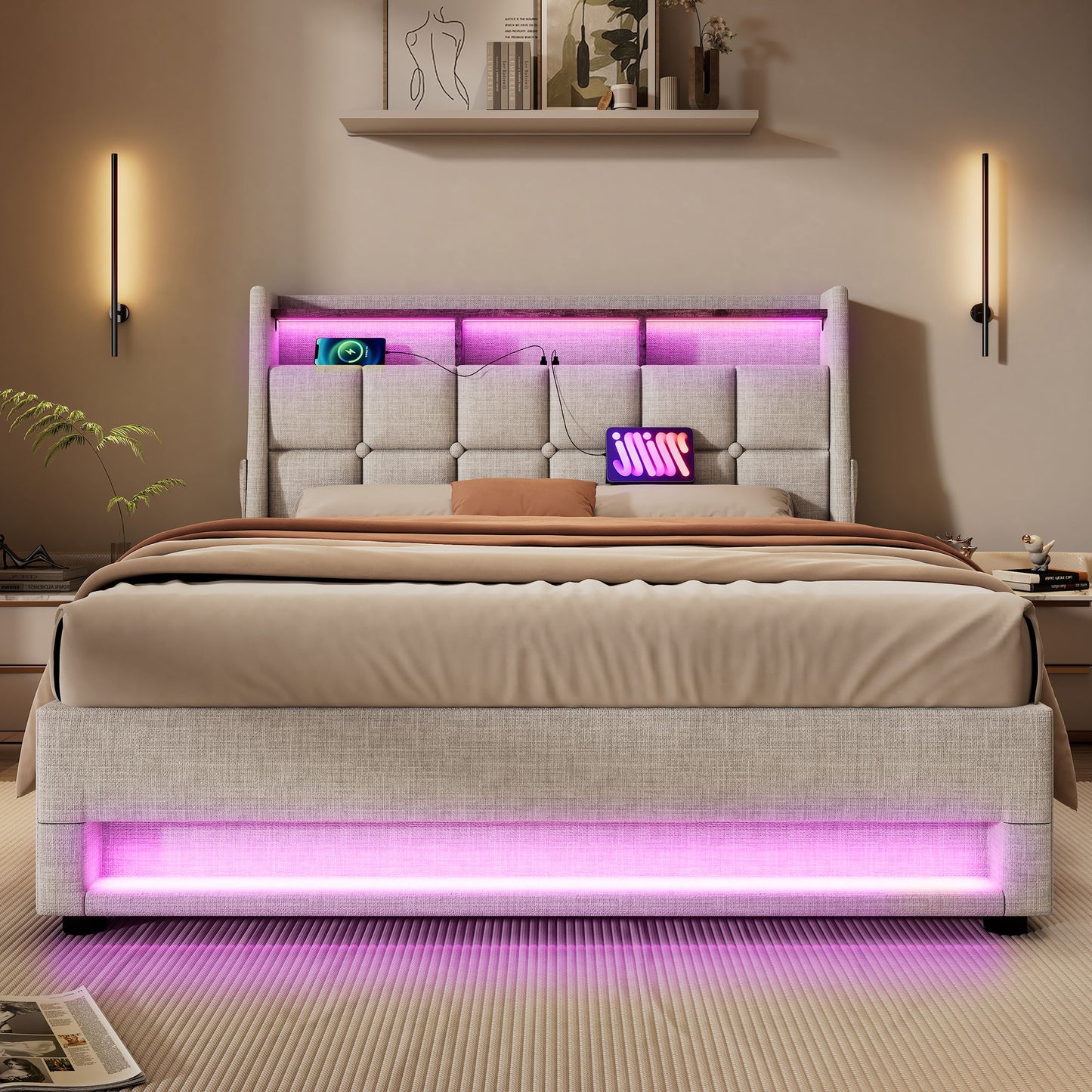 Full Size Upholstered Platform Bed With A Hydraulic Storage System, LED And USB Charging (Without Mattress) - Natural