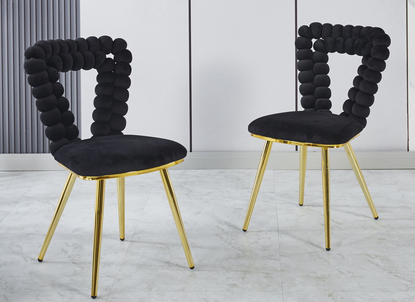 Modern Chair With Golden Iron Tube Legs - Black Soft Cushions And Comfortable Backrest, Suitable For Dining Room, Living Room, Cafe, Hairball Back (Set of 2) - Black